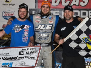 Mason Zeigler celebrates in victory lane after winning his Saturday night's Lucas Oil Late Model Dirt Series feature at East Bay Raceway Park.  Photo by Heath Lawson