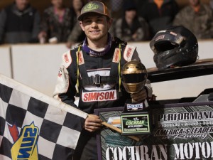 P.W. Williams celebrates his first career NeSmith Chevrolet Dirt Late Model Series win on Saturday night at Cochran Motor Speedway.  Photo by Bruce Carroll/NeSmith Media