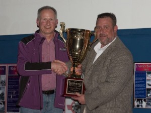 Ronnie Johnson (left) is presented with his third straight NeSmith Cup by NeSmith Racing Founder and CEO Mike Vaughn (right) during the NeSmith Racing Annual Awards Banquet Saturday night at the Georgia Racing Hall of Fame in Dawsonville, Georgia. Photo by Bruce Carroll/NeSmith Media