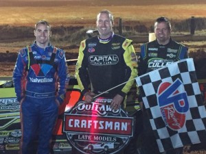 Shane Clanton (center) kicked off the World of Outlaws Craftsman Late Model Series with a home state win in Saturday's season opener at Screven Motor Speedway in Sylvania, GA.  Josh Richards (left) finished in second, followed by Brian Shirley (right) in third.  Photo: WoO Media