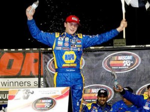 Todd Gilliland celebrates in victory lane after winning Sunday's NASCAR K&N Pro Series East season opener win at New Smyrna Speedway.  Photo by Sean Gardner/Getty Images for NASCAR