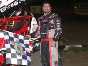 Hayden Campbell celebrates in victory lane after scoring the East Bay Sprints win Saturday night at East Bay Raceway Park.  Photo by Mike Horne
