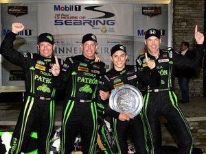 Scott Sharp, Ed Brown, Pipo Derani and Joannes van Overbeek celebrates after scoring the win in Saturday's 12 Hours of Sebring for the IMSA WeatherTech SportsCar Championship.  Photo by Richard Dole LAT Photo USA