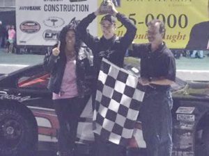 Anthony Alfredo celebrates in victory lane after winning Saturday night's Southeast Limited Late Model Pro Division feature at Greenville-Pickens Speedway.  Photo: Falk Racing