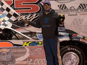 Cory Hedgecock celebrates his first NeSmith Chevrolet Dirt Late Model Series career win on Friday night at I-75 Raceway.  Photo by Bruce Carroll/NeSmith Media