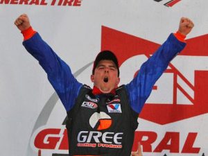 Gus Dean celebrates after scoring his first ARCA Racing Series victory Friday at Talladega Superspeedway.  Photo: ARCA Media