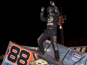 Jimmy McCune celebrates in victory lane after winning Friday night's Must See Racing Sprint Car Series at Anderson Motor Speedway.  Photo by Chris Seelman