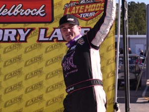 Quin Houff celebrates in victory lane after winning Sunday's CARS Tour Super Late Model season opener at Southern National Motorsports Park.  Photo by Kyle Tretow/CARS Tour