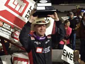 Shane Stewart celebrates in victory lane after winning Saturday's Texas Outlaw Nationals at Devil's Bowl Speedway.  Photo: WoO Media