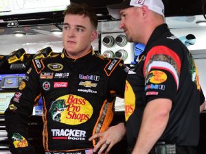 Ty Dillon speaks to crew chief Mike Bugarewicz in the garage area during Friday's practice for the NASCAR Sprint Cup Series race at Talladega Superspeedway.  Photo by Matt Sullivan/NASCAR via Getty Images