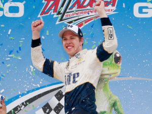 Brad Keselowski celebrates in victory lane after winning Sunday's NASCAR Sprint Cup Series race at Talladega Superspeedway.  Photo by Matt Sullivan/NASCAR via Getty Images