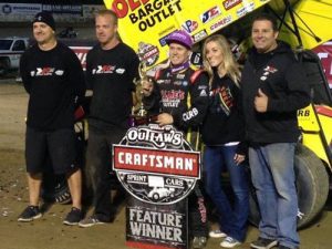 Brad Sweet to the World of Outlaws Craftsman Sprint Car Series victory Friday night at Plymouth Speedway. Photo courtesy Brad Sweet/Facebook