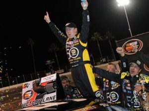 Chris Eggleston celebrated his first NASCAR K&N Pro Series West victory of 2016 at California's Orange Show Speedway Saturday night.  Photo by Joshua Blanchard/Getty Images for NASCAR