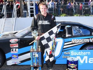 D.J. Shaw celebrates in victory lane after winning Saturday's PASS North Super Late Model feature at Beech Ridge Motor Speedway.  Photo by Norm Marx