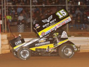 Donny Schatz drove to the World of Outlaws Craftsman Sprint Car Series victory Thursday night at Lincoln Speedway.  Photo by Paul Arch