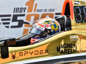 James Hinchcliffe sits in his No. 5 Arrow Honda in tech prior to his qualification attempt on Saturday for the upcoming Indianapolis 500.  Photo by Chris Owens
