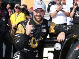 James Hinchcliffe celebrates after scoring the pole for next week's Indianapolis 500.  Photo by Chris Jones