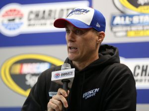 Kevin Harvick speaks to the media during a press conference Friday at Charlotte Motor Speedway.  Photo by Matt Sullivan/NASCAR via Getty Images