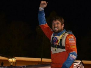 Michael Chilton celebrates after winning Friday night's Old Man's Garage Spring Nationals Series race at Ponderosa Speedway.  Photo: Tim Coontz Photography