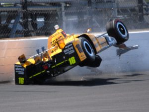 Spencer Pigot crashes into the wall within the short chute of turns 1 and 2 during Wednesday's practice for the Indianapolis 500.  Photo by Mike Young