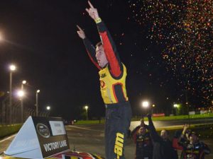 Alex Labbe celebrates his first career NASCAR Pinty's Series victory Friday night at Autodrome Chaudiere. Photo by Matthew Murnaghan/NASCAR
