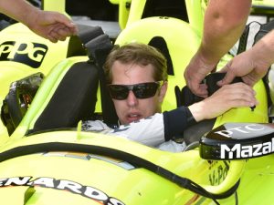 Brad Keselowski sits in the No. 22 Menards Chevrolet of Simon Pagenaud on pit lane during IndyCar's open test Wednesday at Road America.  Photo by Chris Owens