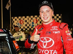 Christopher Bell celebrates after winning Saturday night's NASCAR Camping World Truck Series race at Gateway Motorsports Park.  Photo by Jeff Curry/NASCAR via Getty Images