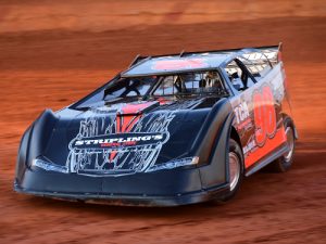 Jimmy Johnson powers through a corner at Hartwell Speedway, where he scored the Limited Late Model feature win Saturday night.  Photo by Heather Rhoades