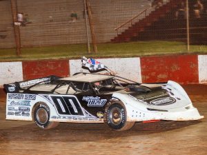 Johnny Chastain takes a backwards victory lap after winning Saturday night's Super Late Model feature at Dixie Speedway.  Photo by Kevin Prater/praterphoto.com