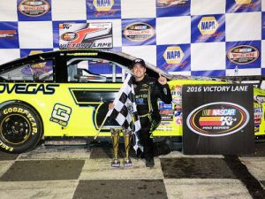 Noah Gragson celebrated his first NASCAR K&N Pro Series East win Friday night at Stafford Motor Speedway. Photo by Adam Glanzman/NASCAR via Getty Images
