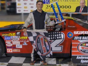 Robbie Allison celebrates in Anderson Motor Speedway's victory lane after scoring his second Super Limited feature win of the season.  Photo: K.A.R. Photography