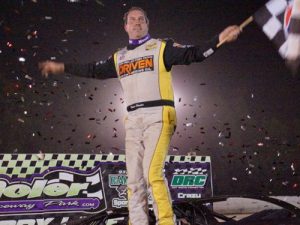 Shane Clanton celebrates after winning Friday night's World of Outlaws Craftsman Late Model Series race at Moler Raceway Park.  Photo: WoO Media