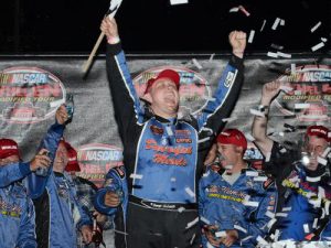 Timmy Solomito celebrated in victory lane before his hometown fans Saturday night at Riverhead Speedway following his second career NASCAR Whelen Modified Tour win. Photo by Fran Lawlor/NASCAR