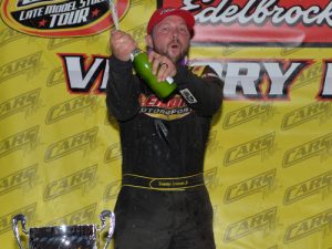 Tommy Lemons, Jr. celebrates in victory lane after winning his first career CARS Racing Tour Late Model Stock Car win at Greenville-Pickens Speedway Saturday night.  Photo by  Kyle Tretow/CARS Tour
