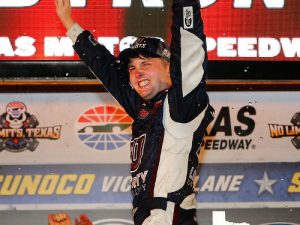 William Byron celebrates in victory lane after winning Friday night's NASCAR Camping World Truck Series race at Texas Motor Speedway.  Photo by Jonathan Ferrey/Getty Images for Texas Motor Speedway