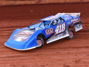 Ashley Poole power slides through the turns at Hartwell Speedway Saturday night, where Poole scored the Limited Late Model feature.  Photo by Heather Rhoades