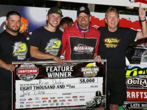 Brian Shirley and his team celebrate in victory lane after winning Thursday night's World of Outlaws Craftsman Late Model Series race at Hamilton County Speedway.  Photo: Brian Shirley Racing