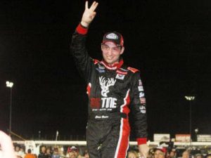 Chase Briscoe waves to the crowd from Victory Lane after winning his third straight ARCA Racing Series victory Friday night at Lucas Oil Raceway.  Photo: ARCA Media