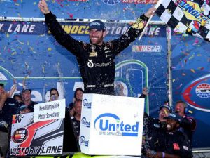 Corey LaJoie celebrates after winning Saturday's NASCAR K&N Pro Series East race at New Hampshire Motor Speedway.  Photo by Jonathan Moore/NASCAR via Getty Images for NASCAR