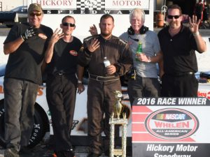 Dexter Canipe, Jr. edged out Austin McDaniel to score the victory in the first of two Late Model Stock feature at Hickory Motor Speedway on Saturday night. Photo by Sherri Stearns