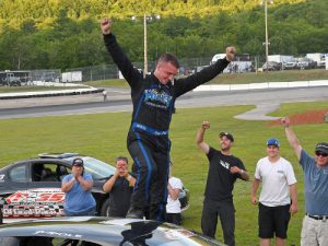 Joey Polewarczyk, Jr. celebrates in Victory Lane after scoring his first PASS North Super Late Model Series victory Sunday at White Mountain Motorsports Park.  Photo by Norm Marx