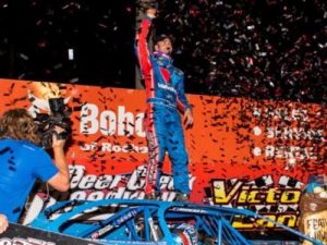 Josh Richards celebrates in victory lane after scoring the win in Saturday night's World of Outlaws Craftsman Late Model Series at Deer Creek Speedway.  Photo: Josh Richards Racing