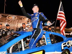 Justin Haley celebrates in victory lane after scoring his second NASCAR K&N Pro Series East win of 2016 Saturday night at Columbus Motor Speedway. Photo by Jamie Sabau/NASCAR via Getty Images