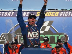 Kyle Busch celebrates in victory lane after winning Saturday's NASCAR Xfinity Series race at New Hampshire Motor Speedway.  Photo by Sarah Crabill/NASCAR via Getty Images