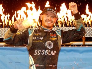 Kyle Larson celebrates after winning Wednesday night's NASCAR Camping World Series race at Eldora Speedway.  Photo by Brian Lawdermilk/Getty Images