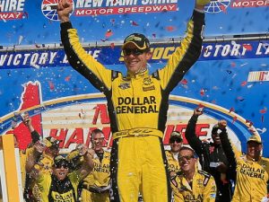 Matt Kenseth celebrates in victory lane after winning Sunday's NASCAR Sprint Cup Series race at New Hampshire Motor Speedway.  Photo by Chris Trotman/Getty Images