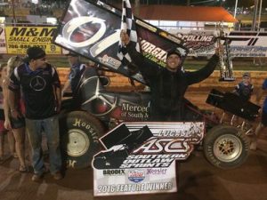 Shane Morgan celebrates in victory lane after scoring the win in Saturday night's Lucas Oil ASCS Southern Outlaws Sprint Car Series race at Toccoa Raceway.  Photo by Mike Miller