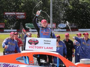Timmy Solomito celebrates his third NASCAR Whelen Modified Tour win of the season Sunday at Monadnock Speedway.  Photo by Jim Dupont/NASCAR