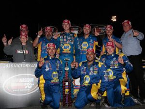 Todd Gilliland and his team celebrate their third NASCAR K&N Pro Series West win of the season Saturday night at Stateline Speedway.  Photo by William Mancebo/NASCAR via Getty Images
