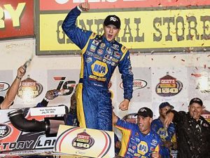 Todd Gilliland celebrates winning at Iowa Speedway in the combination race for the NASCAR K&N Pro Series Friday night. Photo by Jonathan Moore/NASCAR via Getty Images